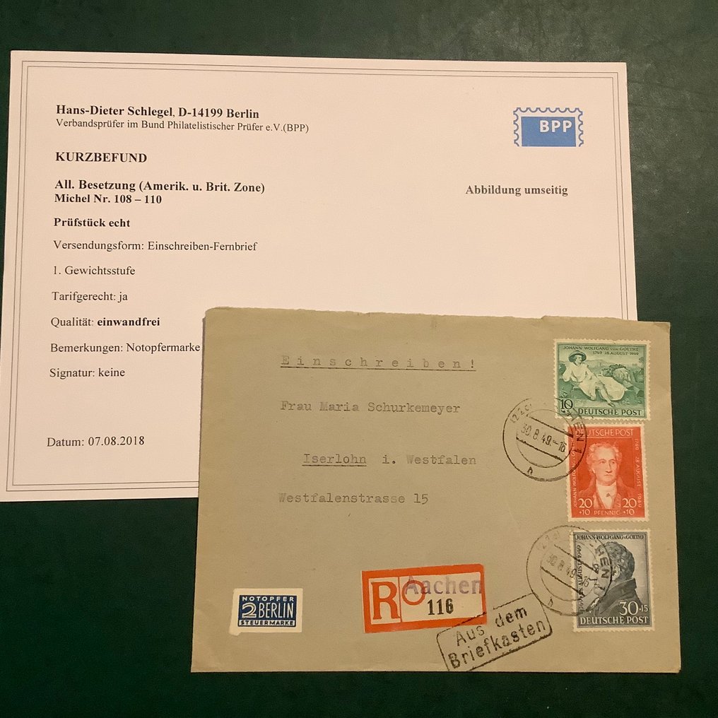 Allied Occupation - Germany (American and british zone) 1949 - Full issuance Goethe on correct port letter with photo report Schlegel. - Michel 108/110 #1.0