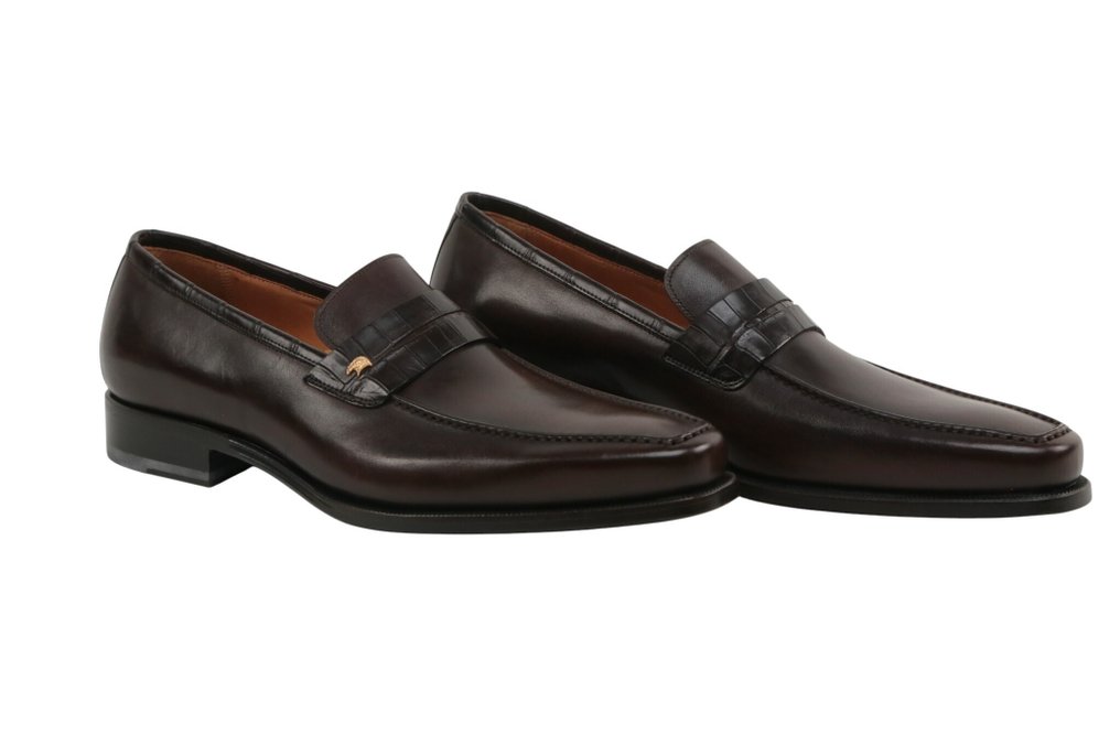 STEFANO RICCI RRP 4100€ Leather & Alligator Loafers – Dark Brown – Eagle Detail - 8.5 UK - Mocassins - Size: EU 42.5 - New in box #1.0