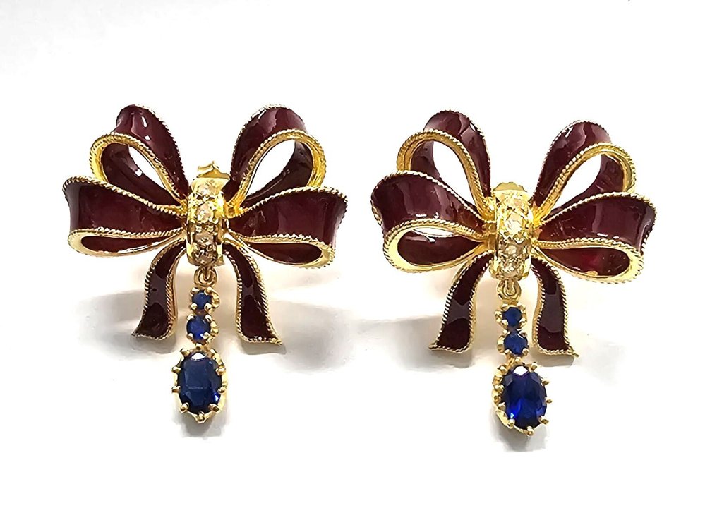 Fără preț de rezervă - Cercei - 9 kt. Aur galben, Argint Safir - Diamant #1.0