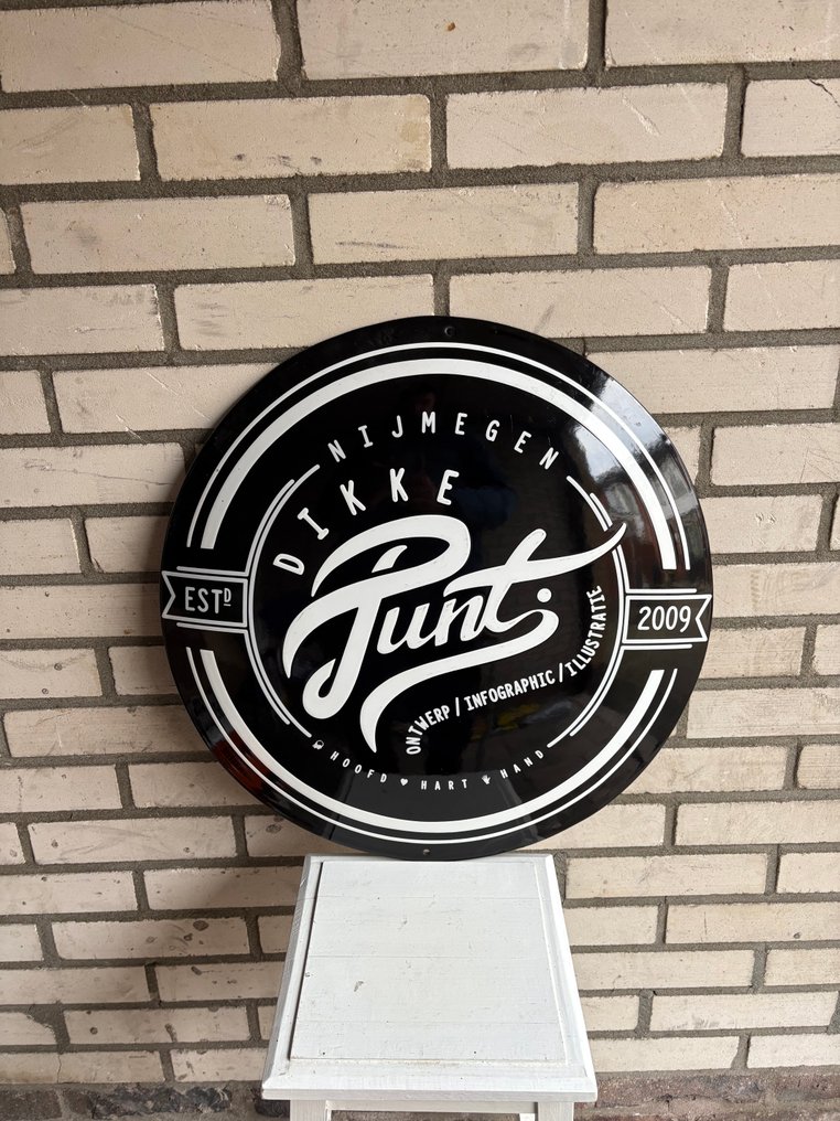 Emaille-Werbetafel - XL Opvallend rond emaille bord – “Dikke Punt Nijmegen” – ca. 2000 – Zwart/Wit – Stoere Graphic Look - Emailleschild - Emaille #1.0