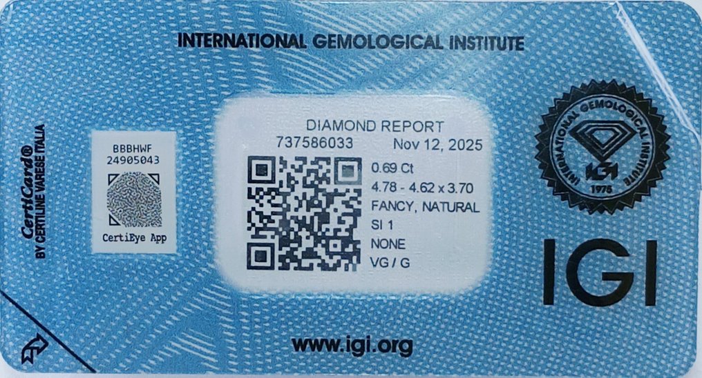 No reserve price - 1 pcs Diamond  (Natural coloured)  - 0.69 ct - Rectangle - Fancy Brown, Orange - SI1 - International Gemological Institute (IGI) #3.2