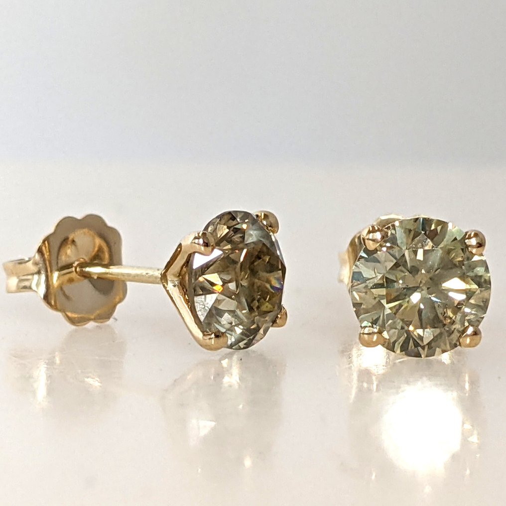 Boucles d'oreilles - 14 carats Or jaune - 2.07ct. tw. Diamant (Couleur naturelle) - IGI #4.3