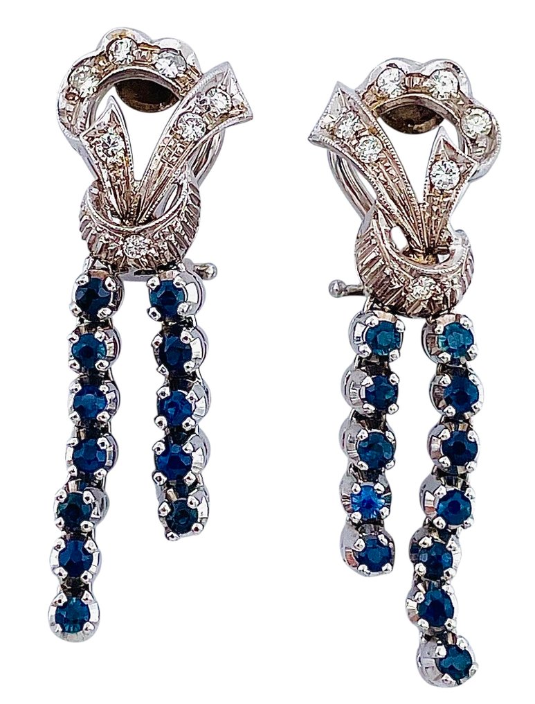 耳環 - 18 克拉 白金 鉆石 (天然) - 藍寶石 #4.3