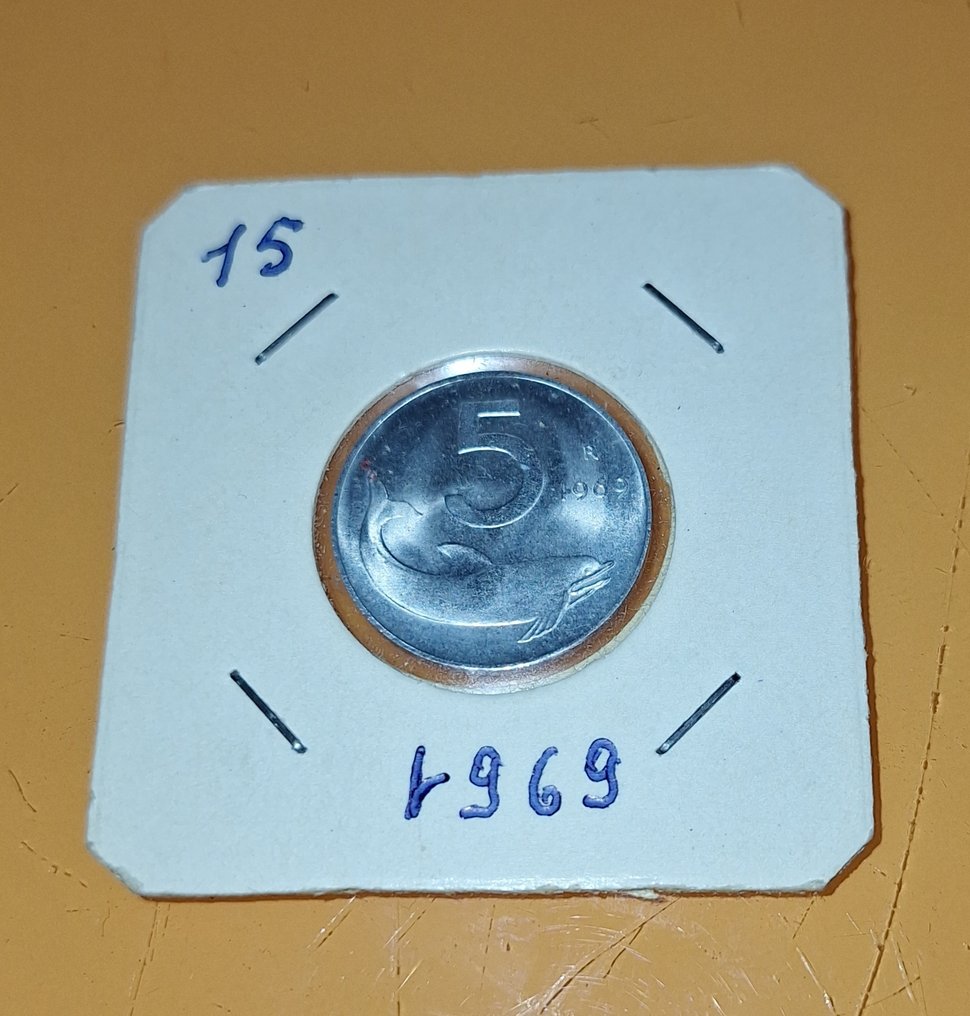 意大利，共和国 5 Lire 1969 "Delfino" - 1 rovesciato  (没有保留价) #2.1
