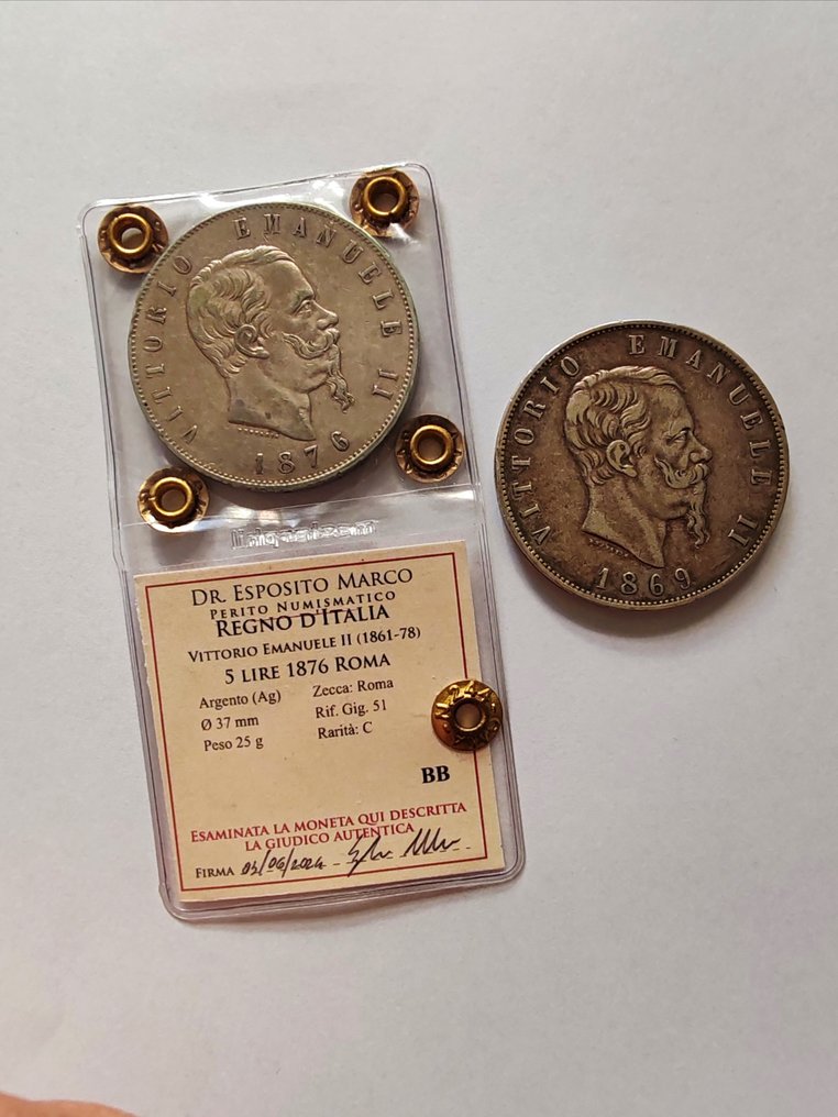 Italie, Royaume Vittorio Emanuele II. 5 Lire 1869-1876 (2 monete)  (Sans Prix de Réserve) #1.0