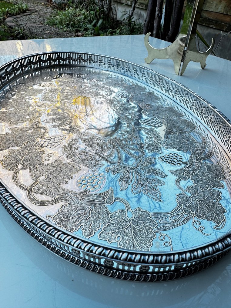 Antique Silver Plated Tray with Embossed Vine and Grape Motif – Made by the Renowned Viner’s of - Tray - Silverplated #3.2
