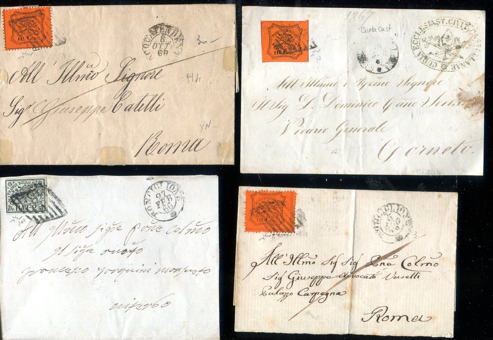 意大利古城邦-教皇国 1852/1868 - 三次发行的5份文件的简要集合 - Sassone 3Ab, 4Aa, 17, 26. #3.2