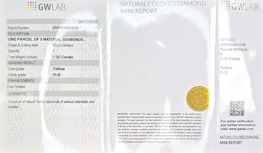 没有保留价 - 5 pcs 钻石 (经彩色处理) - 1.20 ct - 圆形 黄色 - I1 内含一级, I2 内含二级 - Gemewizard宝石实验室(GWLab) #1.0
