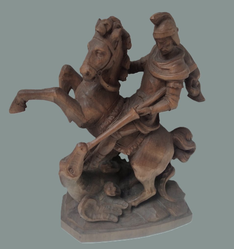Sculptură, Heiligen Georg auf einen Pferd tötet den Drachen - Handarbeit - 37 cm - Lemn - 1970 #1.0
