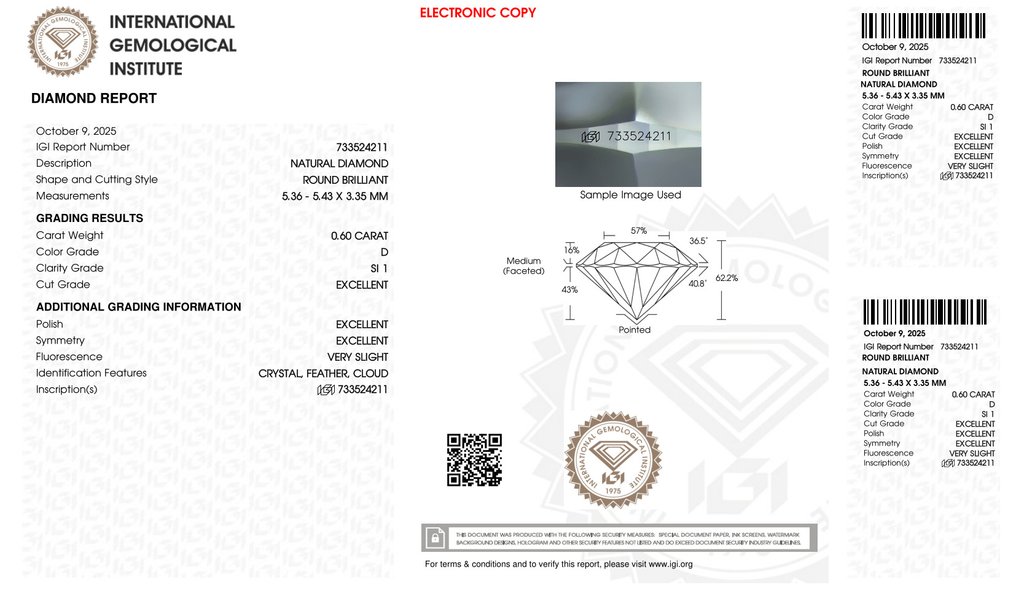 没有保留价 - 1 pcs 钻石  (天然)  - 0.60 ct - 圆形 - D (无色) - SI1 微内含一级 - 国际宝石研究院（IGI） - 3EX VSL #2.1
