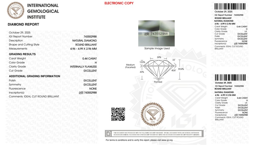没有保留价 - 1 pcs 钻石 (天然) - 0.44 ct - 圆形 - H - IF - 国际宝石研究院(IGI) - *3EX None* #1.0