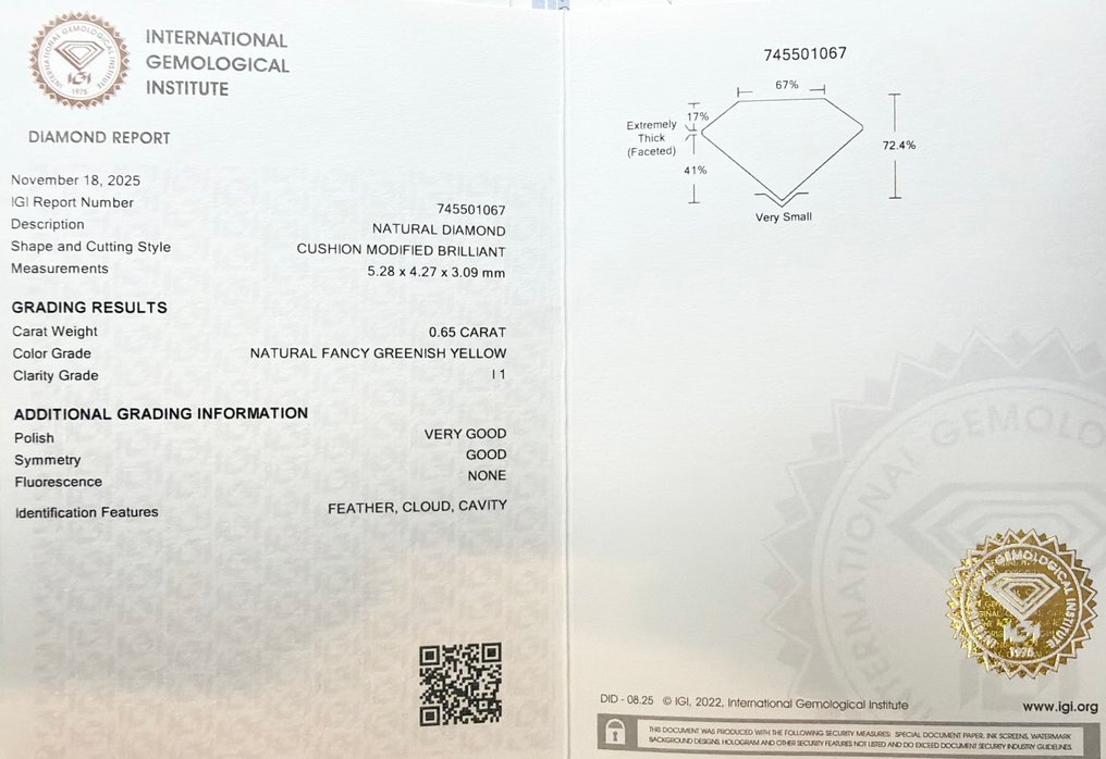 没有保留价 - 1 pcs 钻石 (天然色彩的) - 0.65 ct - 枕形 - Fancy 稍帶綠色的 黄色 - I1 内含一级 - 国际宝石研究院(IGI) #2.1