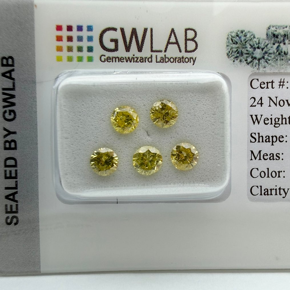 χωρίς τιμή ασφαλείας - 5 pcs Διαμάντι (Επεξεργασμένου χρώματος) - 1.11 ct - Στρογγυλό Κίτρινο - I1 - Gemewizard Gemological Laboratory (GWLab) #3.2