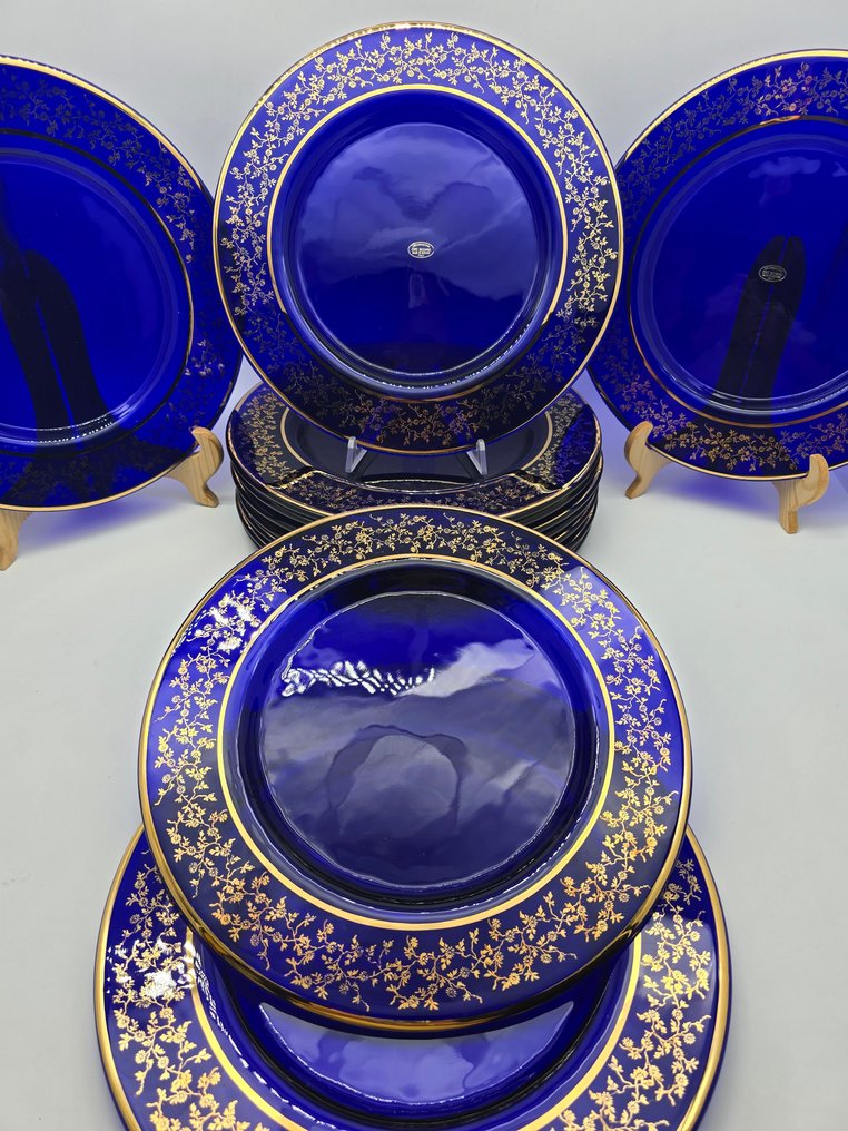 Forcace Muranese Italy. - Table service for 12 (12) - Cobalt blue - Crystal - 12 plates in pure gold #3.2