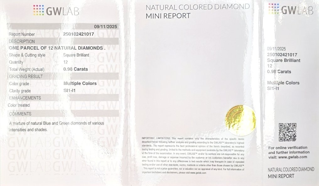 χωρίς τιμή ασφαλείας - 12 pcs Διαμάντι  (Επεξεργασμένου χρώματος)  - 0.98 ct - Τετράγωνο Μπλε, Πράσινο Μπλε, Πράσινο - SI1, I1 - Gemewizard Gemological Laboratory (GWLab) #1.0