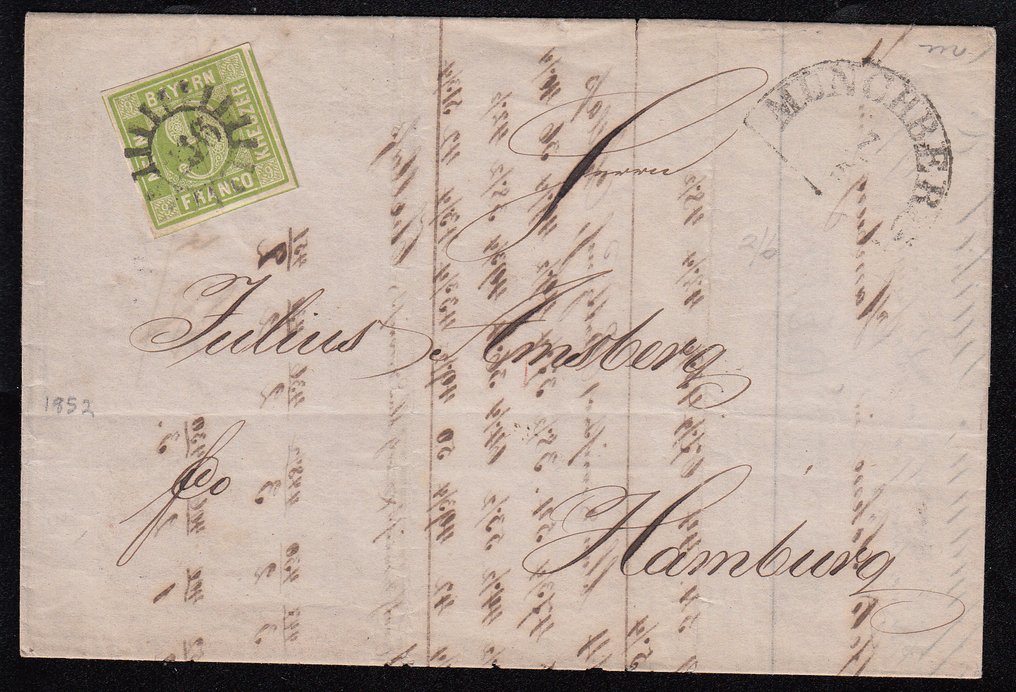 巴伐利亚 1852 - 从明晨堡到汉堡的信件，途经马格德堡-莱比锡和柏林-明登路线。 - Mi.5 #2.1