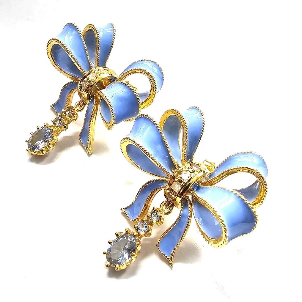 Nincs minimálár - Drop fülbevaló - 9 Kt Sárga arany, Ezüst Topáz - Gyémánt #2.1