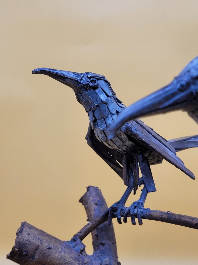 雕塑, Metallskulptur – Zwei Vögel auf Ast – Handgeschmiedetes Objekt aus Eisen - 26 cm - 金属 #3.2