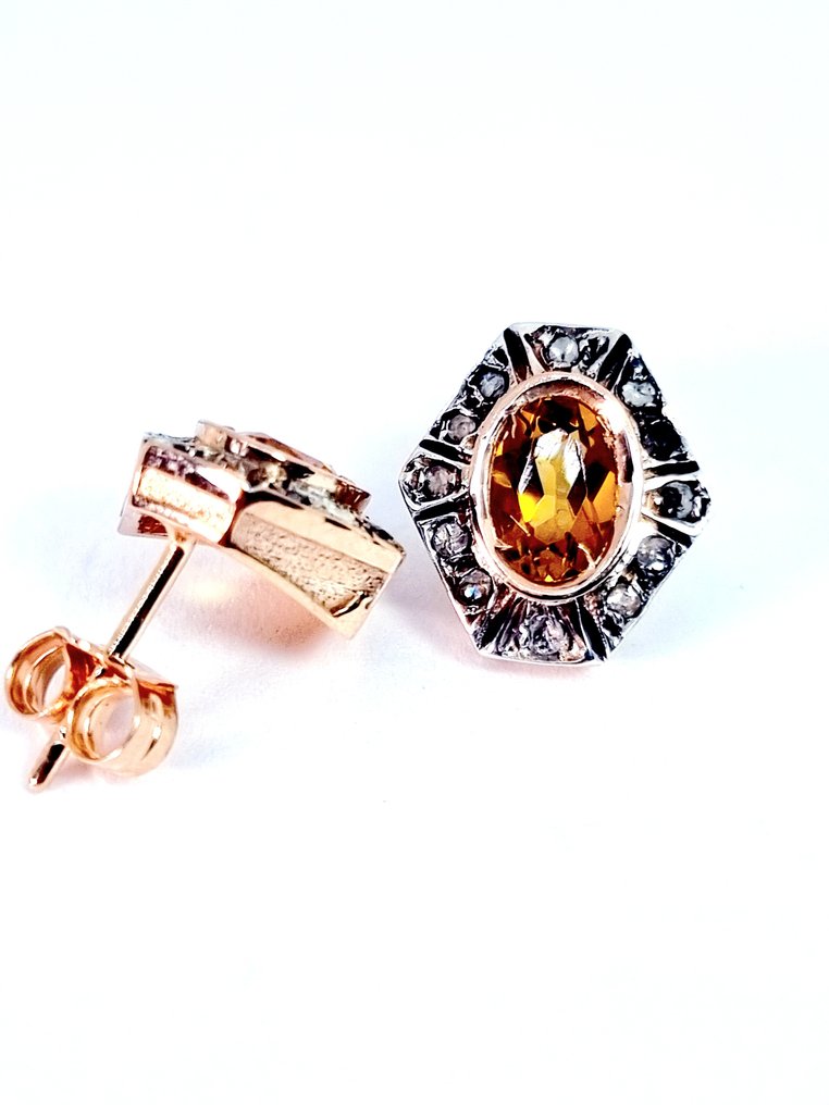 沒有保留價 - 耳環 - 9 節 銀, 玫瑰金 黃水晶 - 鉆石 #3.2