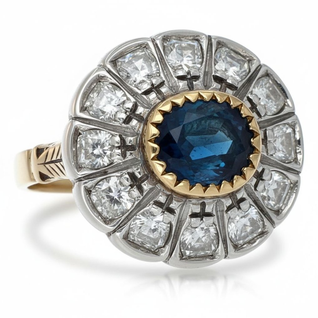 戒指 - 18 克拉 黃金, 銀 - 2.04ct. tw. 藍寶石 - 鉆石 #1.0