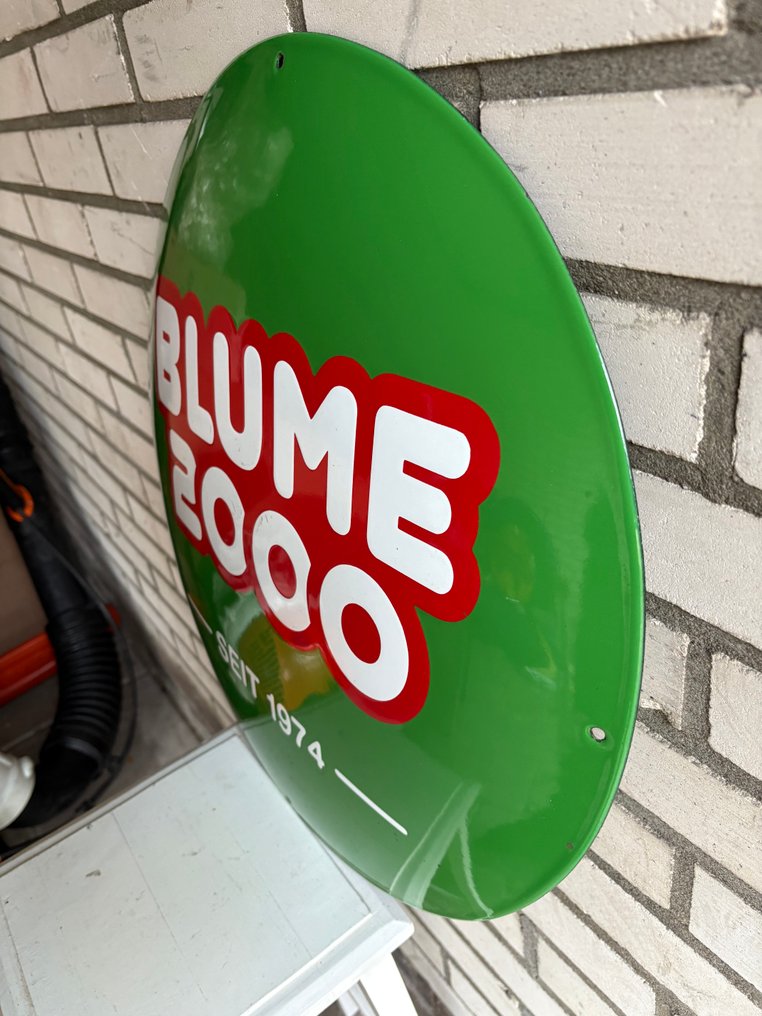 Emaljreklamskylt - Rond emaille bord – Blume 2000 – Groene huisstijl – Sinds 1974 – Duits reclamebord – Ca. 2000 - Emaljskylt - Emalj #2.1