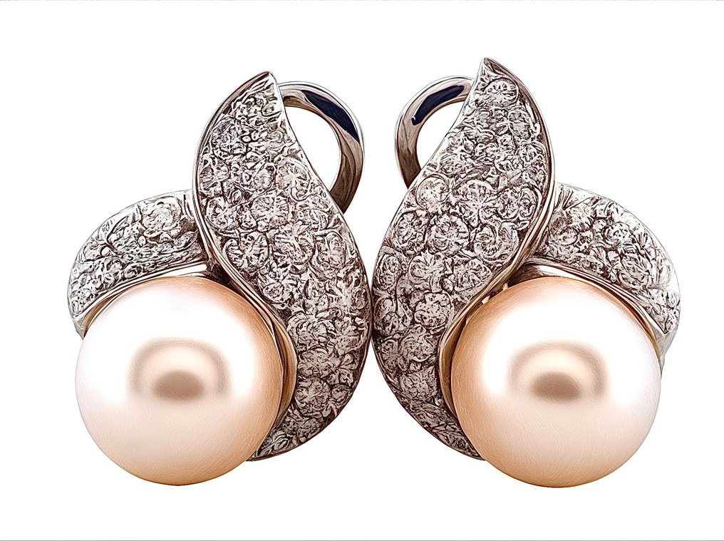 耳环 - 18K包金 白金 钻石 (天然) - 珍珠 #1.0