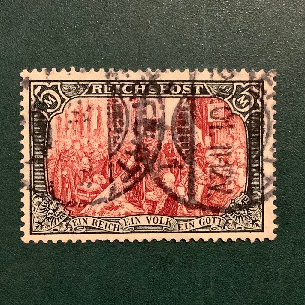 Impero tedesco 1900 - 5 Mark Reichspost con centraggio corretto, certificato Jaschke e Kroschel. - Michel 66 III #4.3