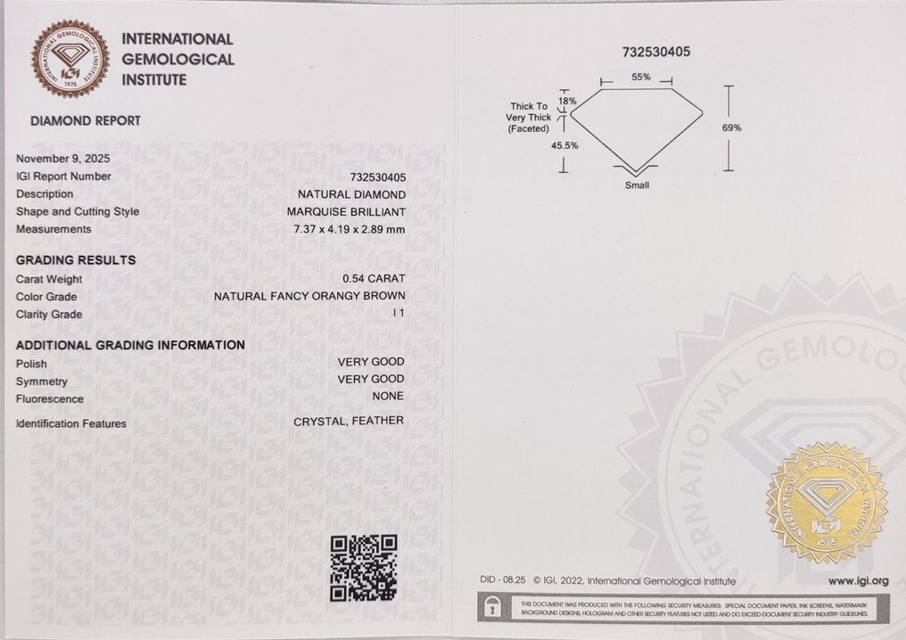 χωρίς τιμή ασφαλείας - 1 pcs Διαμάντι  (Φυσικού χρώματος)  - 0.54 ct - Μαρκησία - Fancy Απαλό πορτοκαλί Καφέ - I1 - International Gemological Institute (IGI) #4.3