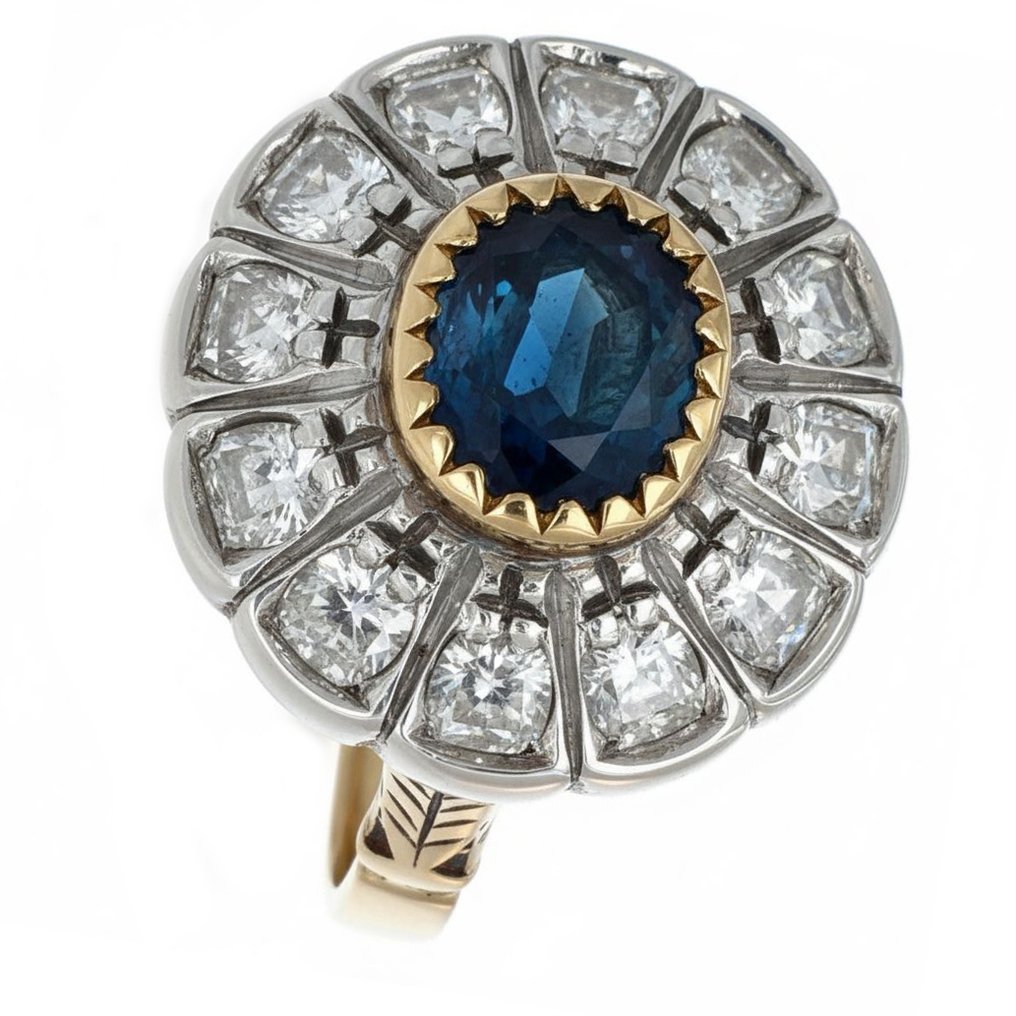 戒指 - 18 克拉 黃金, 銀 - 2.04ct. tw. 藍寶石 - 鉆石 #1.0