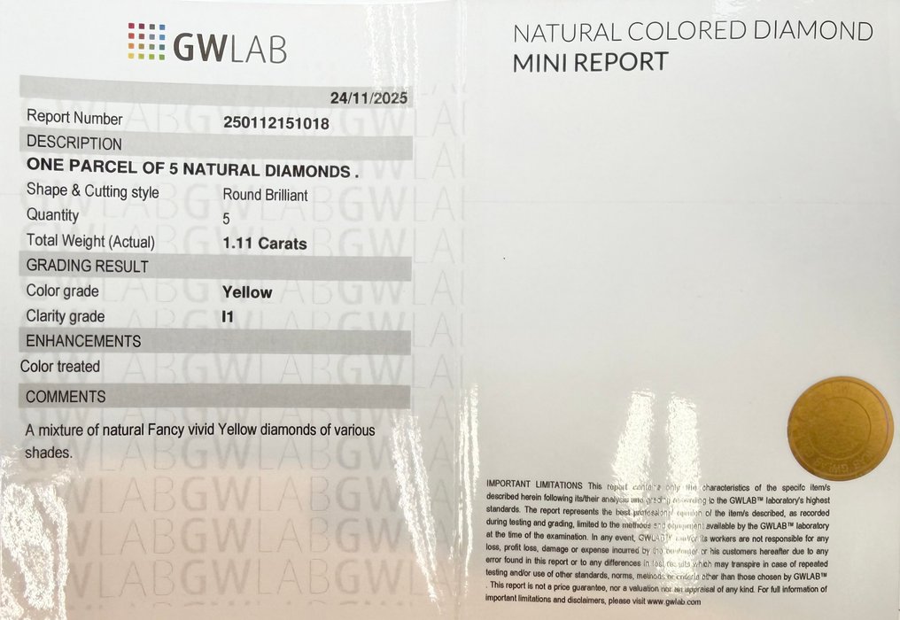 χωρίς τιμή ασφαλείας - 5 pcs Διαμάντι (Επεξεργασμένου χρώματος) - 1.11 ct - Στρογγυλό Κίτρινο - I1 - Gemewizard Gemological Laboratory (GWLab) #2.1