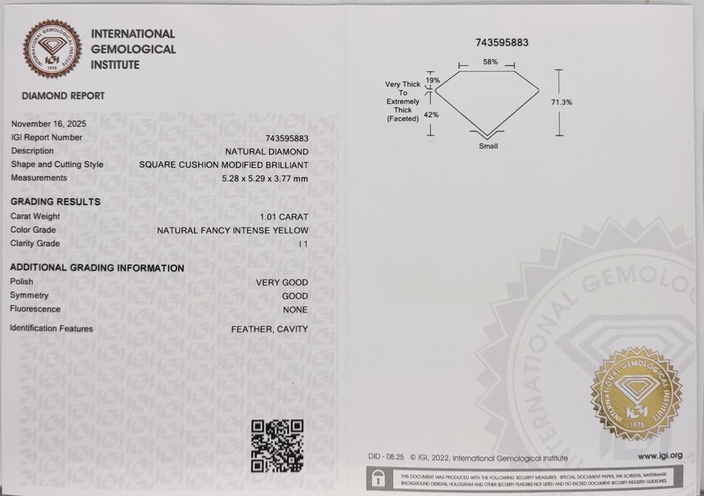 Sans Prix de Réserve - 1 pcs Diamant  (Couleur naturelle)  - 1.01 ct - Coussin - Fancy intense Jaune - I1 - International Gemological Institute (IGI) #4.3