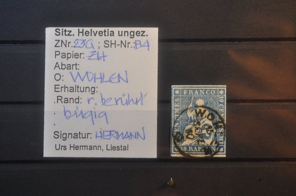 Schweiz 1854/1862 - Helvetia assise non dentelée med konstatering og underskrift. #1.0