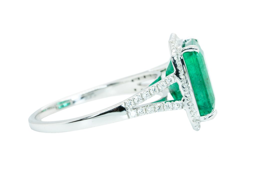 沒有保留價 - 戒指 - 14 克拉 白金, 鲜明/深绿（赞比亚） -  4.00ct. tw. 祖母綠 - 鉆石 - 0.29克拉 #2.1