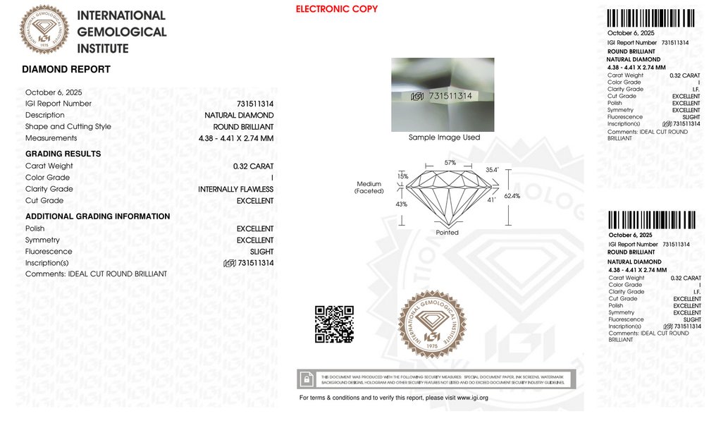 沒有保留價 - 1 pcs 鑽石 (天然) - 0.32 ct - 圓形 - I(極微黃、正面看為白色) - IF - 國際寶石學院(International Gemological Institute (IGI)) - *3EX SL* #2.1