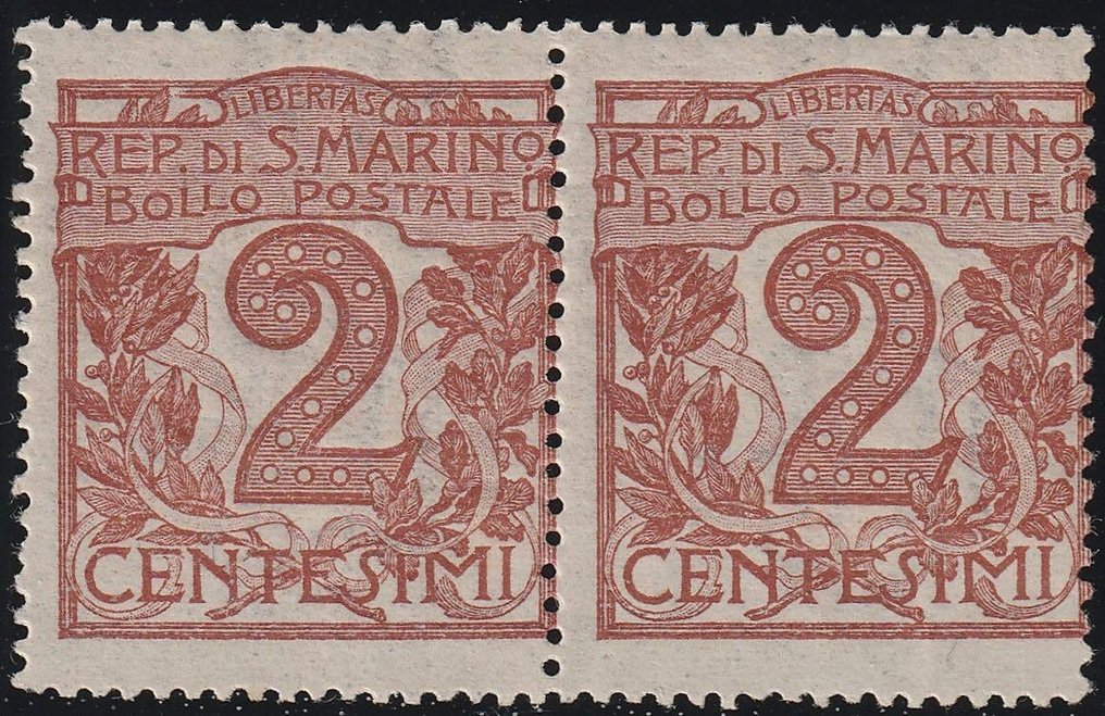 圣玛利诺 1921/23 - 2 c. bruno rosso 搭配 Decalco + 部分 Decalco Sass 69b 完整 MNH** f. AD Spl #1.0
