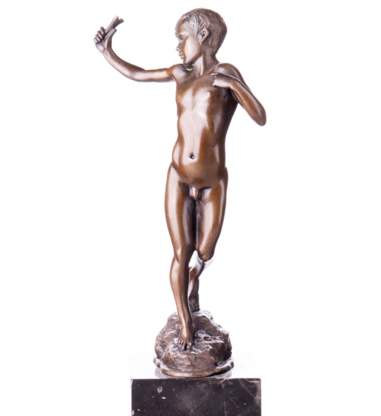 Φιγούρα - Bronzefigur Junge mit Steinschleuder 33CM - Μπρούντζος #3.2