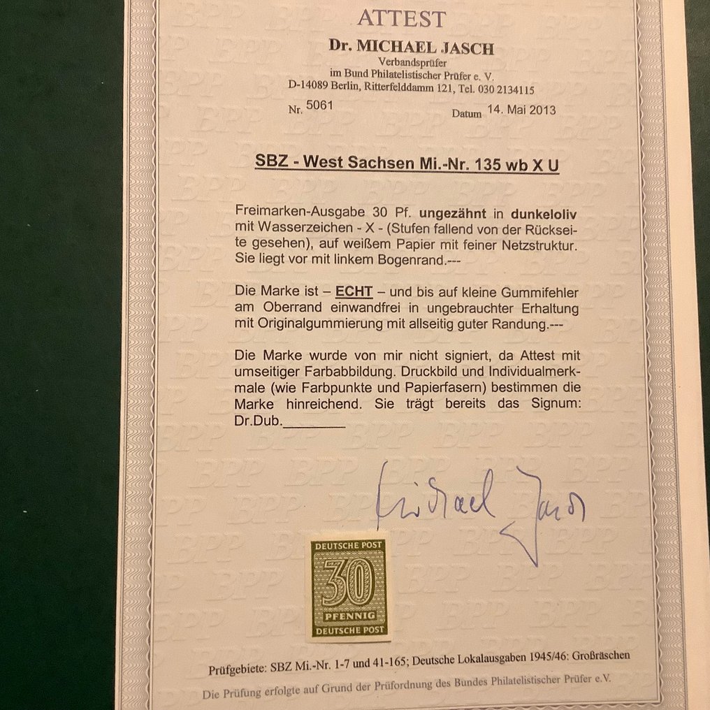 Allied Occupation - Germany (Soviet zone) 1942 - 30 Pf embedded in watermark X in dark olive nuance with photo certificate Jasch. - Michel 135 wb X U #1.0