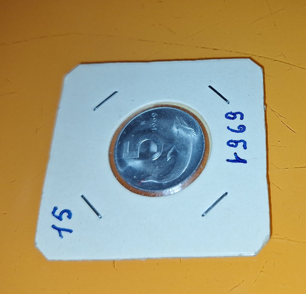 意大利，共和国 5 Lire 1969 "Delfino" - 1 rovesciato  (没有保留价) #3.2