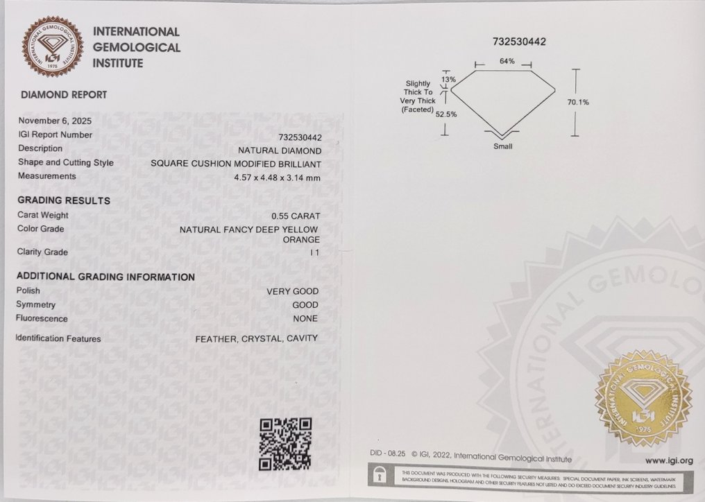 No Reserve Price - 1 pcs Diamond (Natural coloured) - 0.55 ct - Cushion - Fancy deep Yellow Orange - I1 - International Gemological Institute (IGI) #4.3
