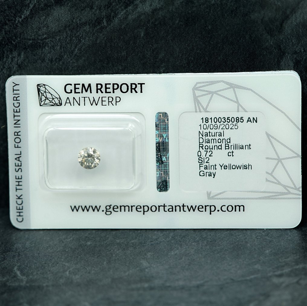 1 pcs 鑽石 (天然彩色) - 0.72 ct - 圓形 - Faint 淡黃色 灰色 - SI2 - Gem Report Antwerp (GRA) #3.2