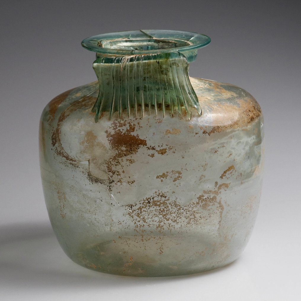 Αρχαίο ρωμαϊκό, Αυτοκρατορικό Γυαλί Μεγάλο κυλινδρικό μπουκάλι με λαβή - 177 mm #1.0