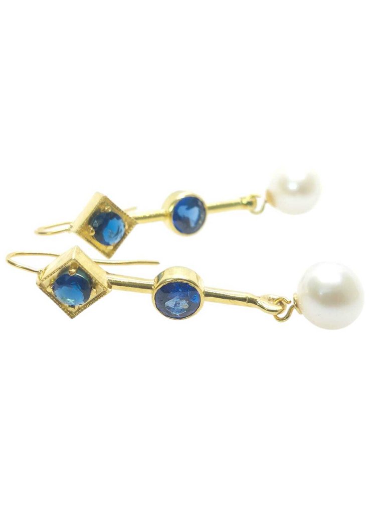 没有保留价 - 耳环 - 9 kt. 银, 黄金 珍珠 - 蓝宝石 #4.3
