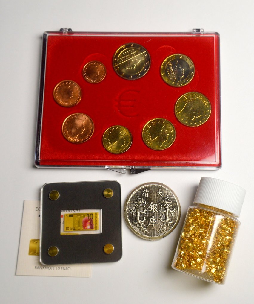 Tyskland, Luxemburg, Kina. Medal 10 Euro Note 1/500oz (.999 gold) + Luxembourg 2002 Euro Year Set + Gold-filled nuggets + Chinese  (Utan reservationspris) #1.0