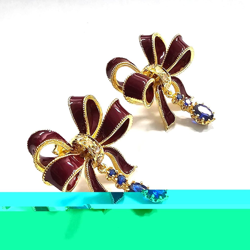 Fără preț de rezervă - Cercei - 9 kt. Aur galben, Argint Safir - Diamant #1.0