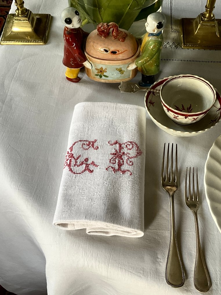 6 Late XIX th C. damask linen napkins with G.P. initials - Textile  - 63 cm - 66 cm #1.0