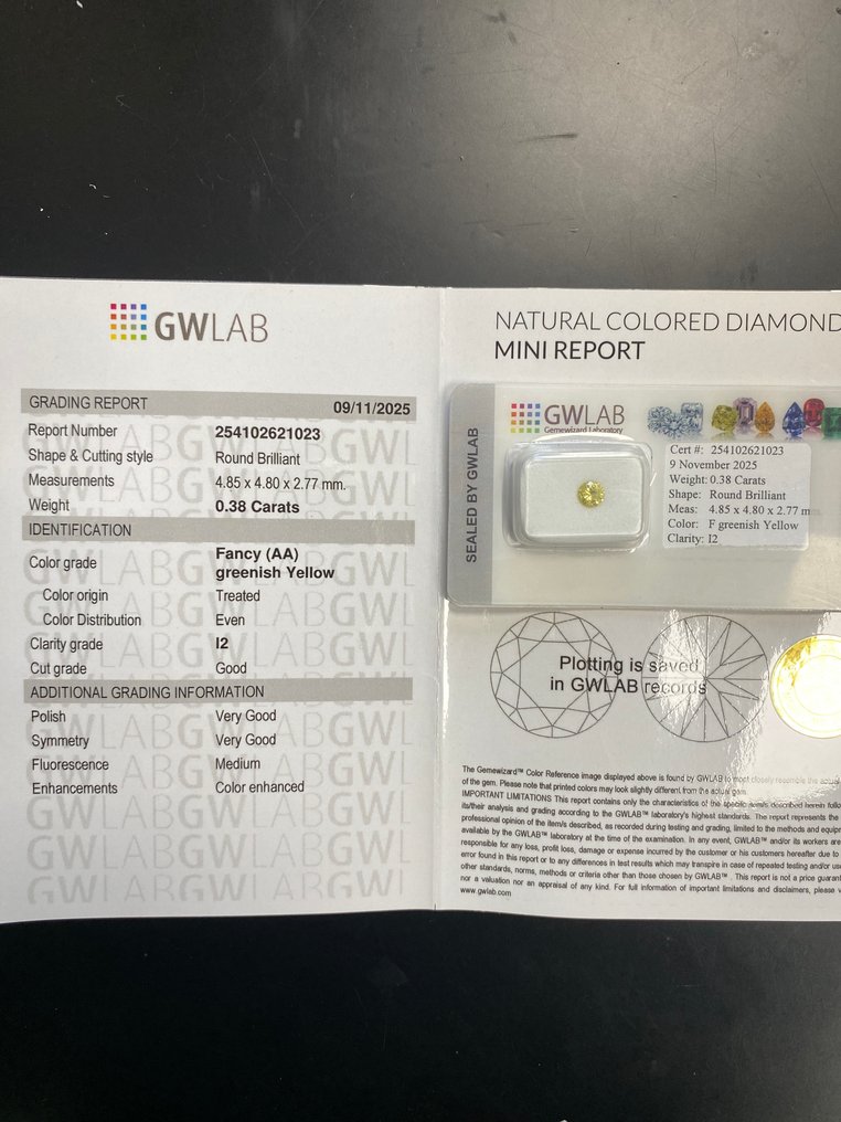 No Reserve Price - 1 pcs Diamond (Colour-treated) - 0.38 ct - Round - Fancy Greenish, Yellow - I2 - Gemewizard Gemological Laboratory (GWLab) #4.3