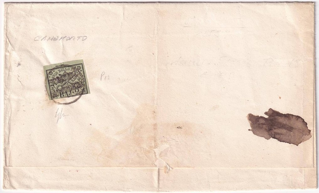 Italiaanse oude staten - Pauselijke Staat 1852 - 2 b. oliva Sass 3 met omslag van Canemorto Pt.13 voor Rieti Ex Coll. Imperato zeldzaam. #1.0