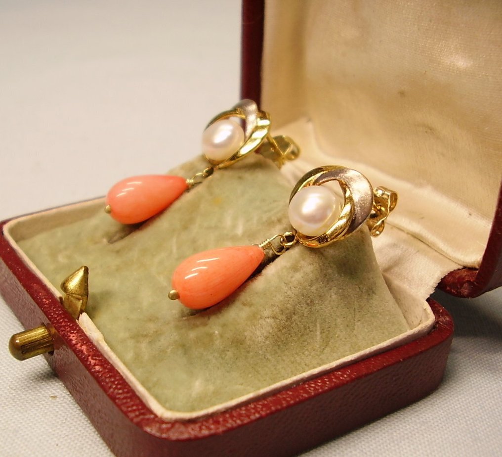 No Reserve Price - Earrings - 14 kt. Yellow gold -  9.80ct. tw. Coral - Pearl - Goldsmith craftsmanship #2.1