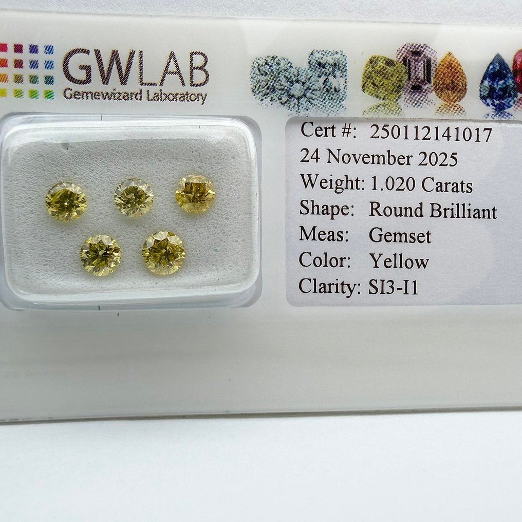 Ingen reservasjonspris - 5 pcs Diamant (Fargebehandlet) - 1.02 ct - Rund Gul - SI3, I1 - Gemewizard Gemologisk laboratorium (GWLab) #1.0