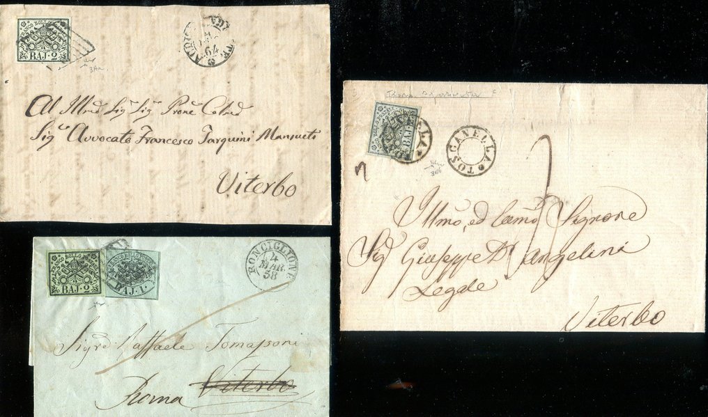 Αρχαία ιταλικά κράτη - Παπικό κράτος 1852 - Μικρό, ενδιαφέρον σύνολο 1 και 2 baj. - Sassone 2+3, 3Aa, 3Ab. #1.0